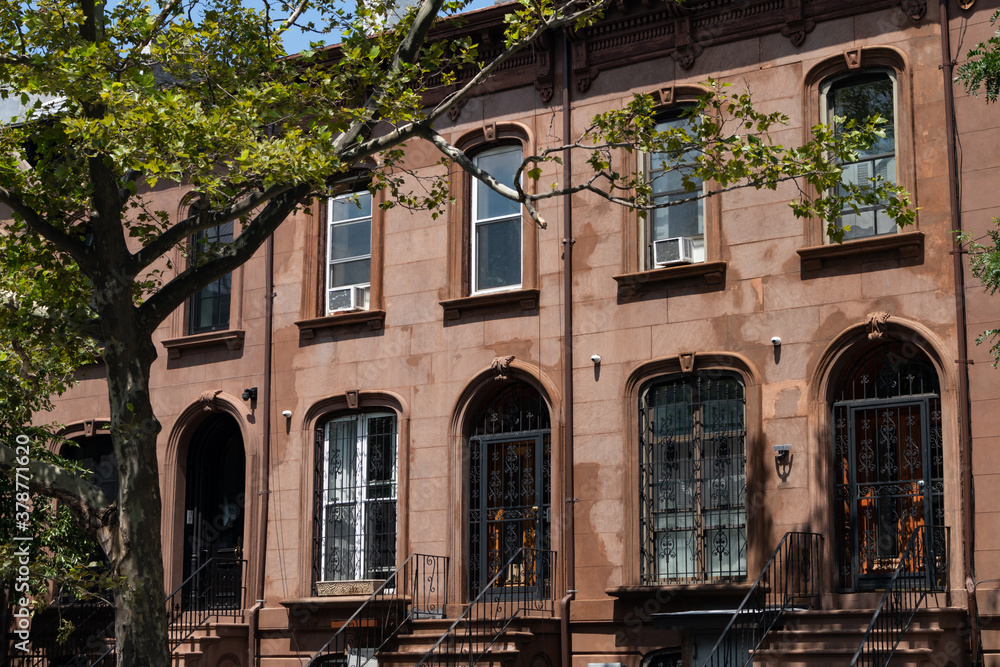 Row of Old Brownstone Homes in Bedford-Stuyvesant in Brooklyn of New York City
