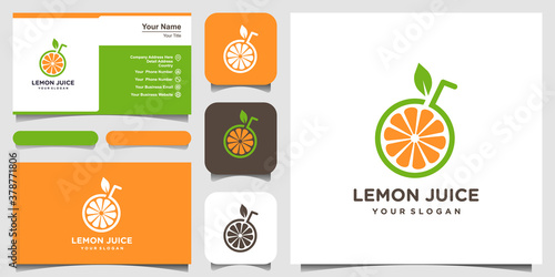 Lemon slice citrus flat vector logo and business card design