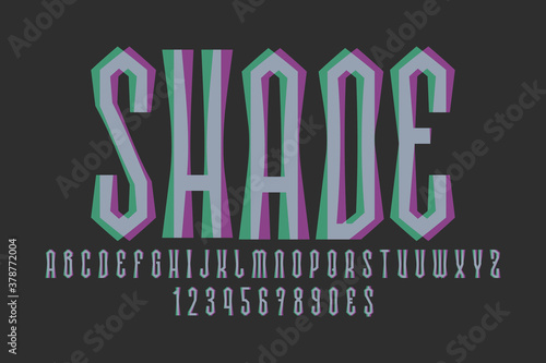 Shade artistic display font. Screen gray green purple letters, numbers and currency signs. Isolated english alphabet. Vector lettering.