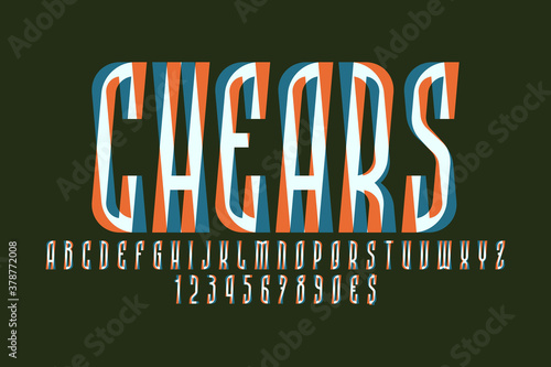Shears artistic display font. Shifted orange blue white letters, numbers and currency signs. Isolated english alphabet. Vector lettering.