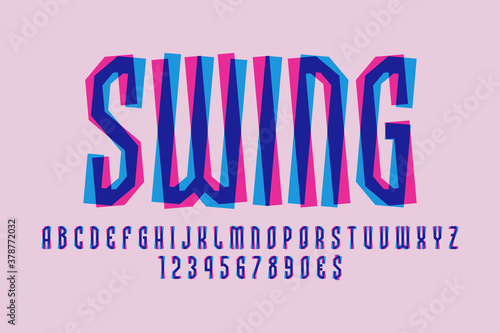 Swing artistic display font. Shifted pink blue letters, numbers and currency signs. Isolated english alphabet. Vector lettering.