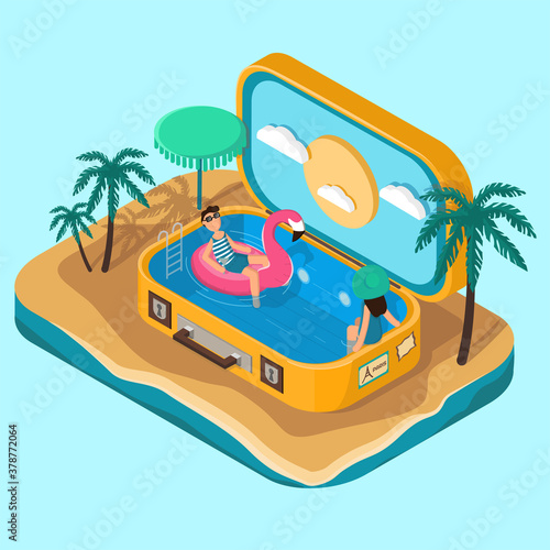 Summer mood isometric suitcase with pool inside the case