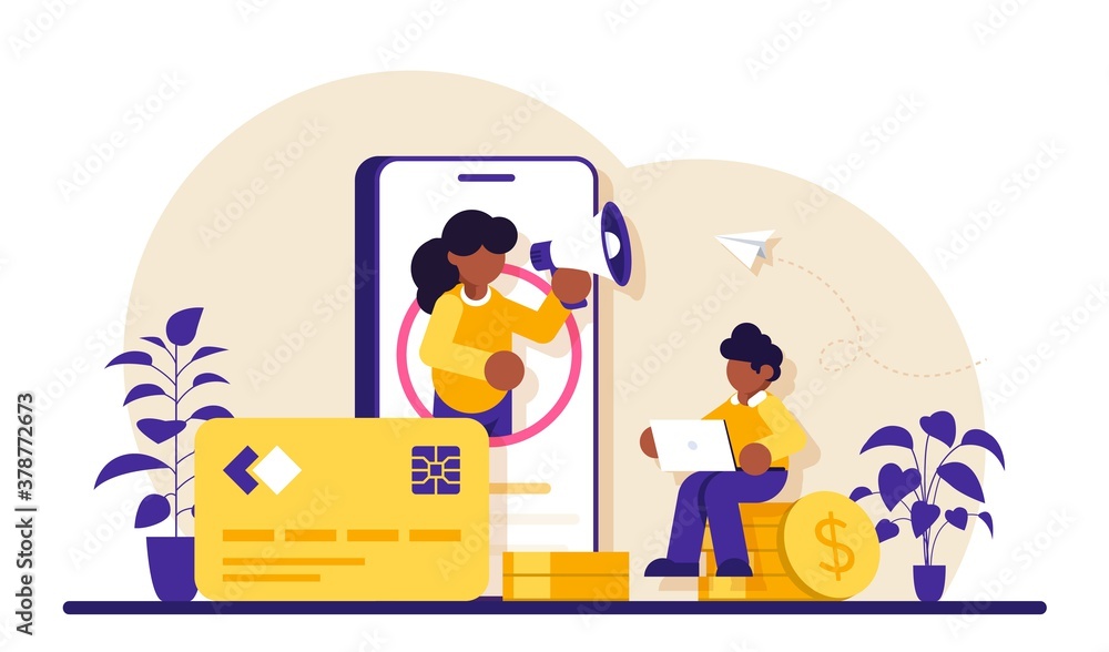 Finance or banking consultation via mobile phone. Bank services. Credit card and coin stack. Modern flat illustration. Finance or banking consultation via mobile phone. Bank services. Credit card and coin stack. Modern flat illustration.