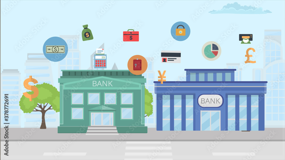 Obraz premium Bank building with icon about financial