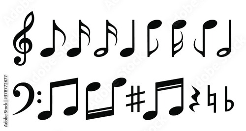 Music notes icons set. Black notes symbol on white background 