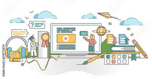 Online education with kids distant e-learning school lesson outline concept