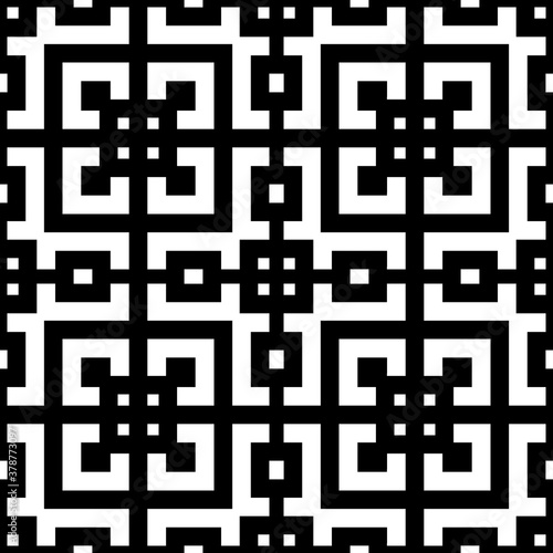 Seamless Chinese window tracery pattern. Repeated stylized black squares and crossed lines on white background. Lattice motif. Symmetric geometric grid wallpaper. Digital paper. Vector illustration