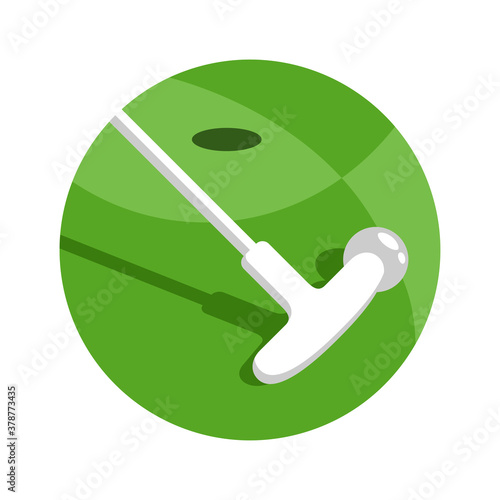 Minigolf logo - putt-putt crazy golf stick and ball and hole on grass field - isolated vector icon or emblem