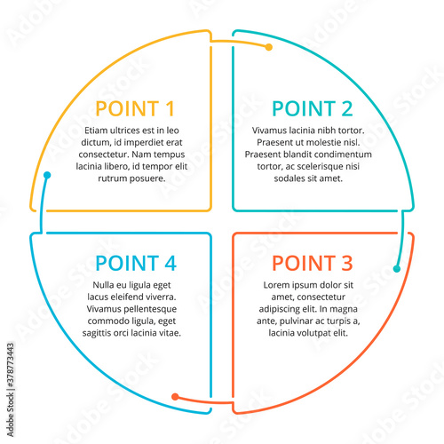 Infographic template with 4 steps (points) in colorful rounded outline segments and sample text 