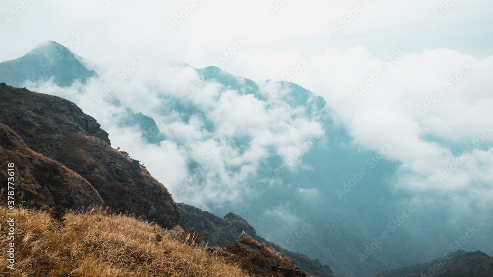 Mountain landscape covered in clouds on Wugong Mountain in Jiangxi, China