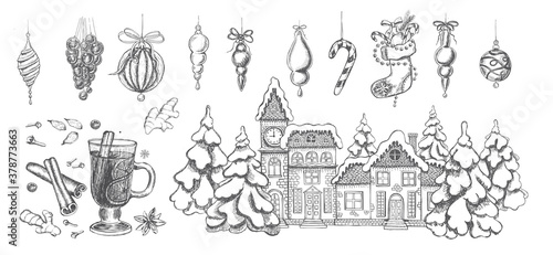 Christmas pattern in sketch style. Hand drawn illustration.	