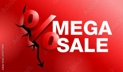 Mega sale banner or badge with crack and percent sign on red background - special offer promo flyer