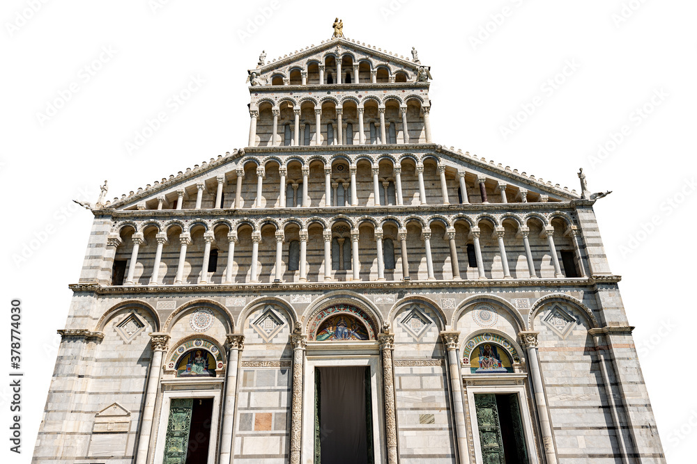 Fototapeta premium Main facade of the Pisa Cathedral, (Duomo of Santa Maria Assunta), in Pisan Romanesque style, isolated on white background. Square of Miracles (Piazza dei Miracoli), Tuscany, Italy, Europe.