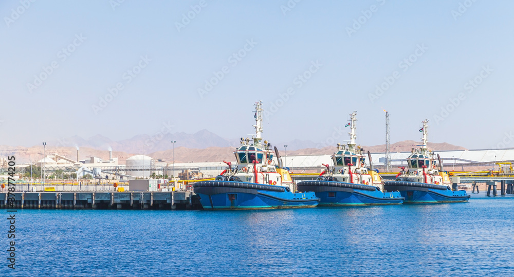 Tug boats are moored in Aqaba Port
