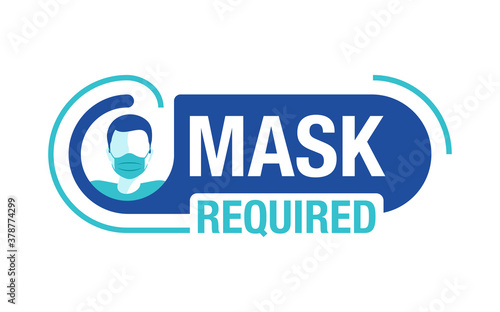 Mask required warning prevention sign - man head with face mask in rounded rectangular frame - isolated vector information picture