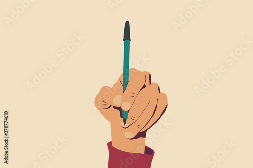 Concept of freedom of speech and information, stop censorship. Hand holding an open pen. Light yellow background. Vector Illustration
