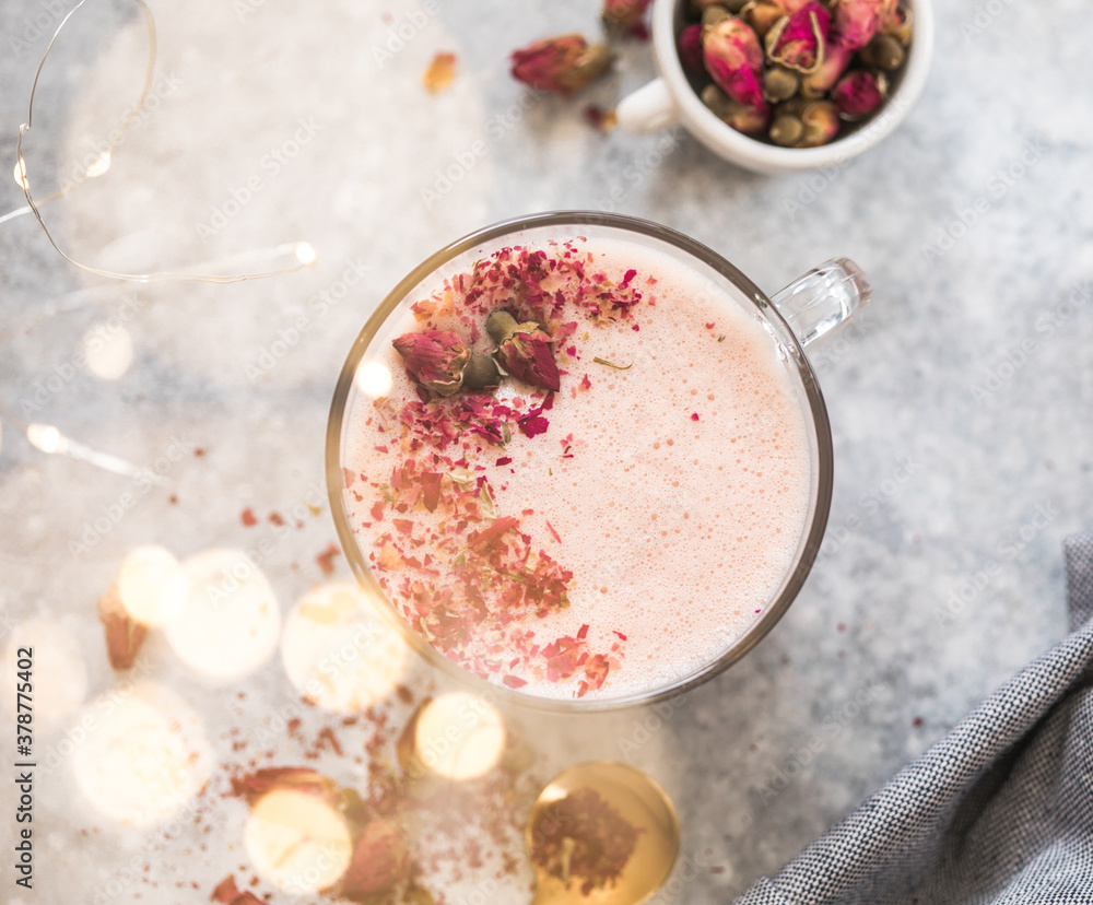 Pink matcha latte with milk. Trendy beverage. Christmas drink Pink matcha latte with milk. Trendy beverage. Christmas drink