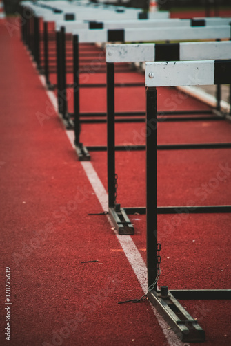 Hurdle on race track, track and field equipment