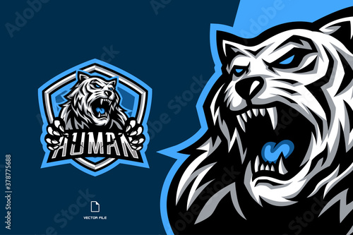 angry white tiger mascot character cartoon for esport game logo illustration