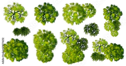 Collection of abstract watercolor green tree top view isolated on white background  for landscape plan and architecture layout drawing  elements for environment and garden.
