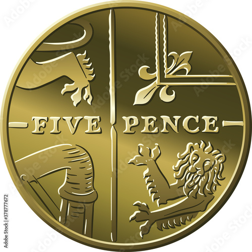 British money gold coin Five pee or Five pence, reverse with Segment of Royal Shield