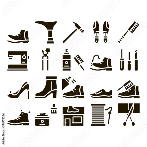 Shoe Repair Equipment Glyph Set Vector Thin Line. Shoes Repair Tools And Scissors, Sewing Machine And Hammer, Cream And Brush Glyph Pictograms Black Illustrations