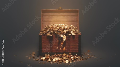 The wood chest is opening and exploding of golden coins. A precious treasure.