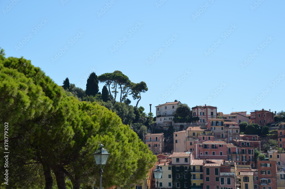 beautiful Mediterranean houses with pine trees under a clear blue sky in Italy