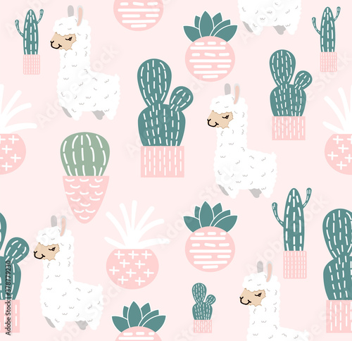  Funny doodle alpaca with Cactus seamless pattern