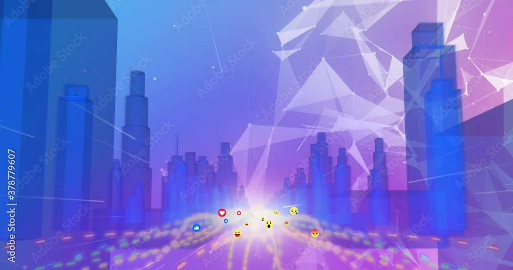 Multiple face emojis moving over 3D city model against plexus networks Multiple face emojis moving over 3D city model against plexus networks