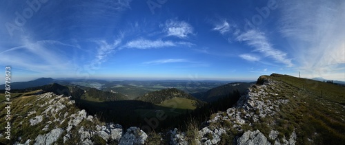 Panorama of the Dent de Vaulion mountain on a beautiful summer day with blue sky