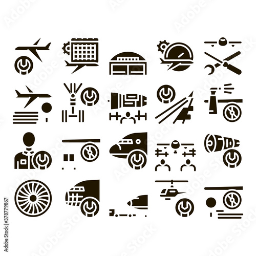 Aircraft Repair Tool Glyph Set Vector Thin Line. Aircraft Engine And Chassis, Helicopter And Airplane, Master And Hangar Glyph Pictograms Black Illustrations