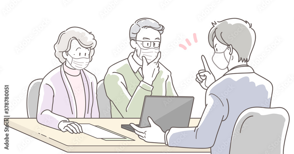 マスクを付けて商談する高齢の夫婦とビジネスマンのイラスト マスクを付けて商談する高齢の夫婦とビジネスマンのイラスト