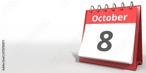 October 8 date on the flip calendar page, 3d rendering