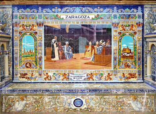 Image with the name of the spanish city of Zaragoza and a historical scene painted on ceramic tiles - seating benches in Spain Square in Seville