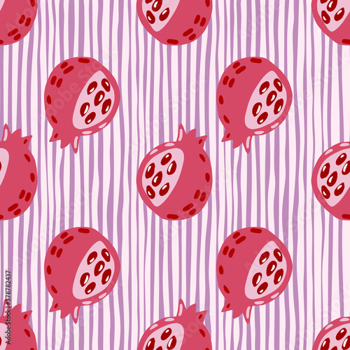 Stylized food seamless pattern with garnet shapes. Light pink fruit figures on stripped purple background.