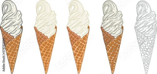 Realistic cartoon ice cream cone set. Vector illustration template in color and black and white for games, background, pattern, decor. Print for fabrics and other surfaces. Coloring paper, page, book