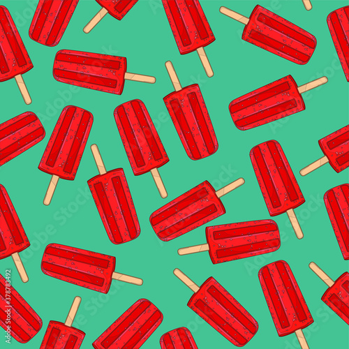 Realistic red popsicles on teal background seamless pattern with outlines. Cartoon colorful summer vector illustration for games, background, pattern, decor. Print for fabrics and other surfaces.