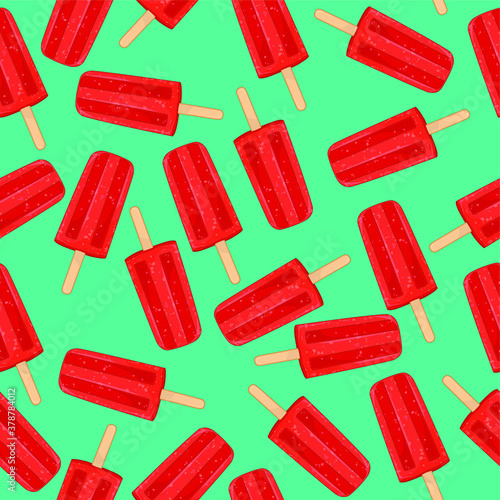 Realistic red popsicles on teal background seamless pattern. Cartoon colorful summer vector illustration for games, background, pattern, decor. Print for fabrics and other surfaces.