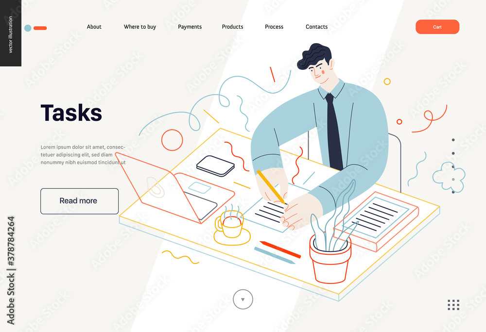 Business topics -tasks, web template, header. Flat style modern outlined vector concept illustration. Young man wearing a tie sitting at the office desk filling in the list of tasks. Business metaphor