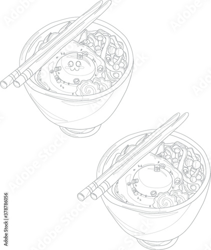 Realistic ramen noodles bowl with smiling egg, green onion and fish cakes template set. Cartoon vector illsutartion in black and white for games, background, pattern, decor. Colroing paper, page, book