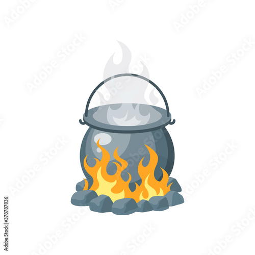 Camping pot over the bonfire, vector in flat style