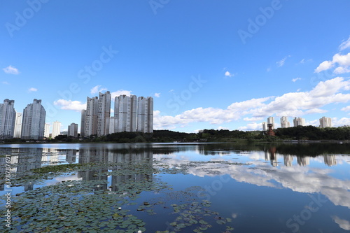 A photo of a park lake and sky.