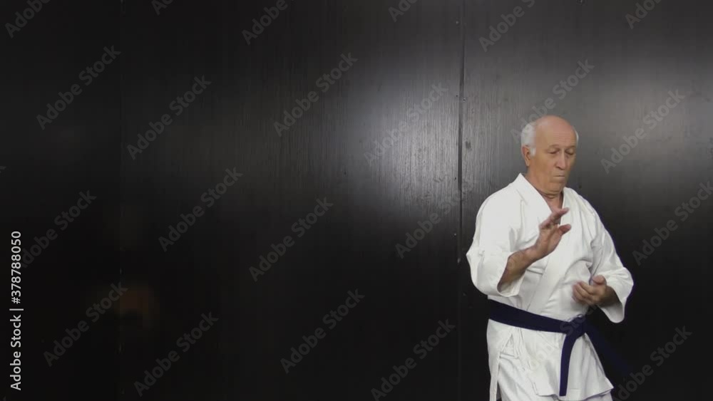 Old man athlete with blue belt performs formal karate exercises Old man athlete with blue belt performs formal karate exercises