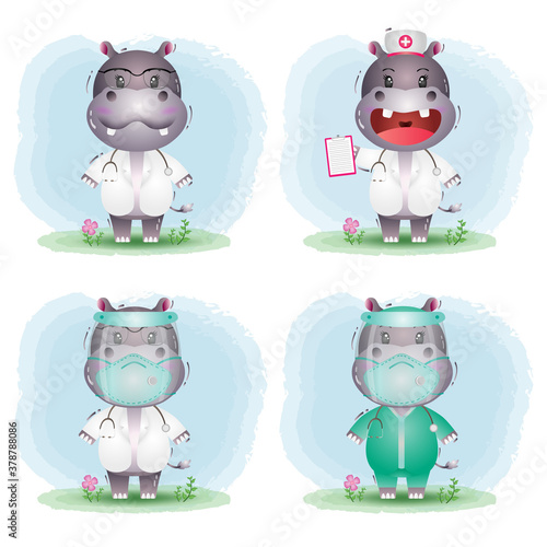 cute hippo with medical staff team doctor and nurse costume collection