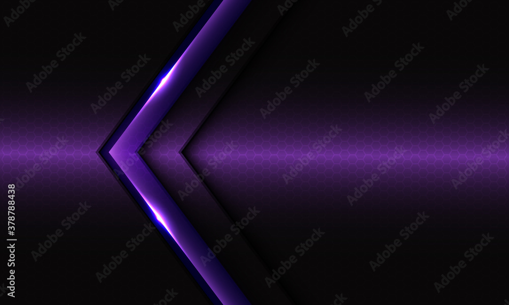 Abstract violet glossy arrow on dark hexagon mesh pattern design modern luxury futuristic background vector illustration.