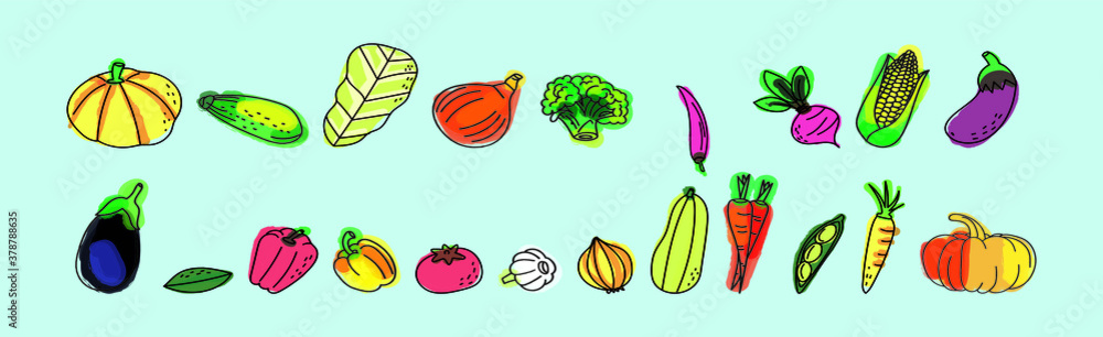 Vector vegetables icons set in cartoon style. Collection farm product for restaurant menu, market label. Vector vegetables icons set in cartoon style. Collection farm product for restaurant menu, market label.