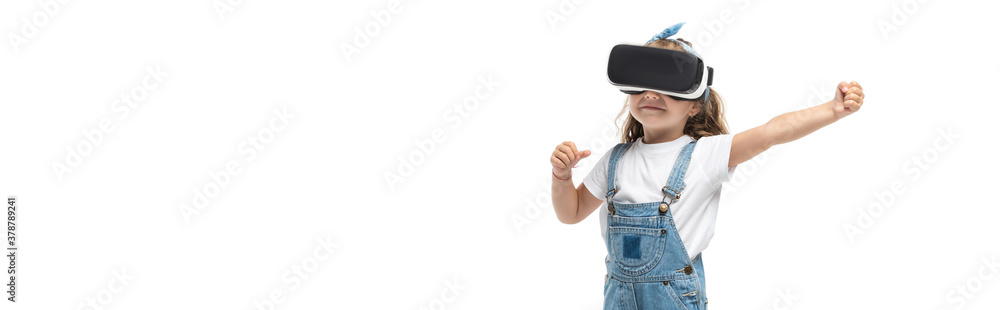 girl in virtual reality headset gesturing isolated on white, panoramic shot girl in virtual reality headset gesturing isolated on white, panoramic shot