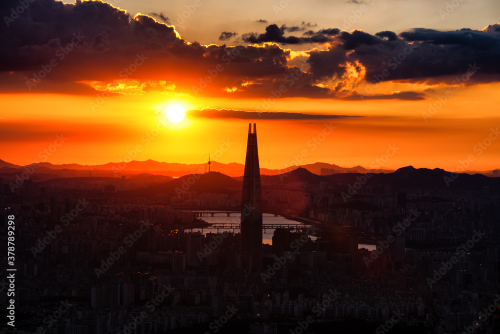 lotte tower at sunset in Seoul, South Korea