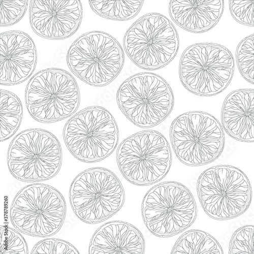 Cartoon lime slices seamless pattern in black and white. Vector illustration template for games, background, pattern, decor. Print for fabrics and other surfaces. Coloring paper, page, book